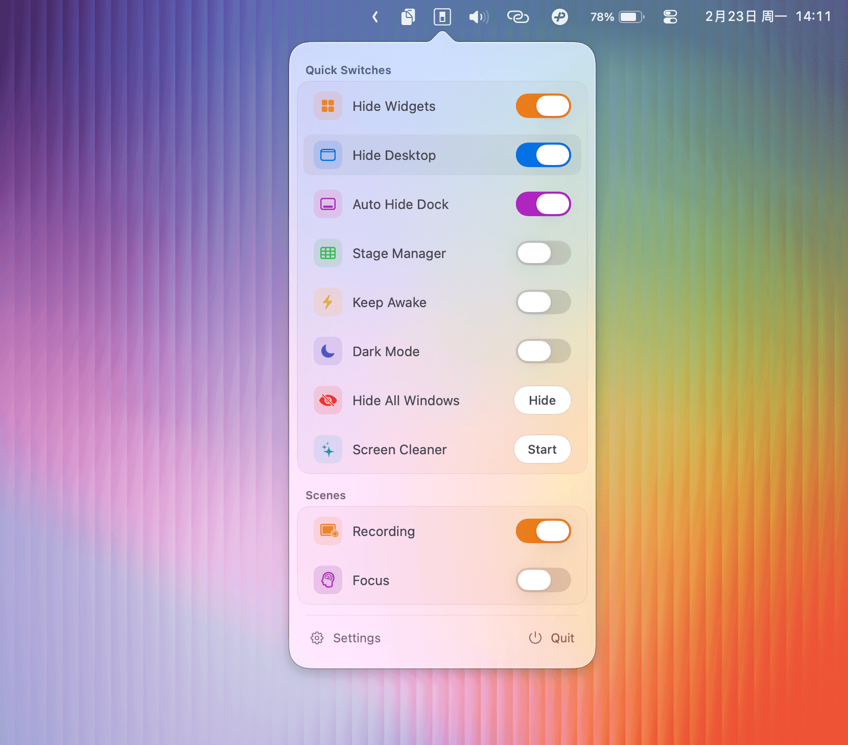 EasySwitch app screenshot showing Quick Switches, Scenes and Settings